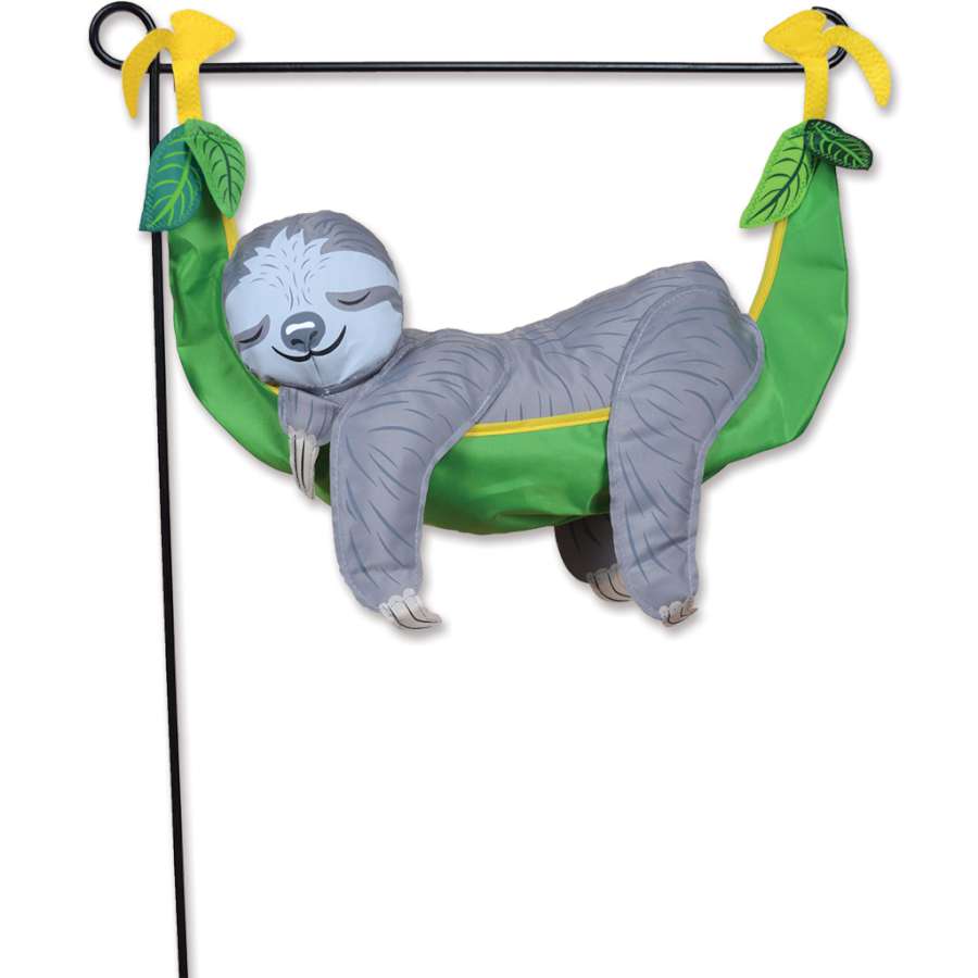 Garden Charm - Sloth positioned on a garden flag pole, showcasing its playful design against a colorful garden background.