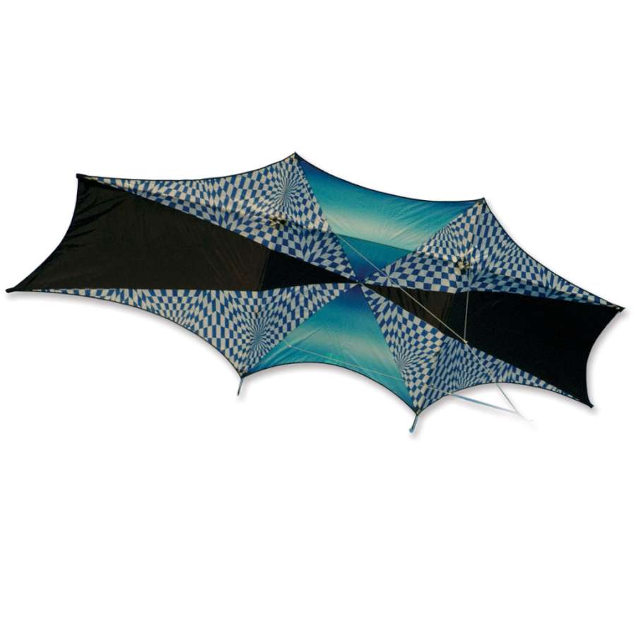 Genki Kite - Blue Op-Art soaring against a blue sky, showcasing its vibrant graphics and scalloped edges, ideal for light wind conditions.
