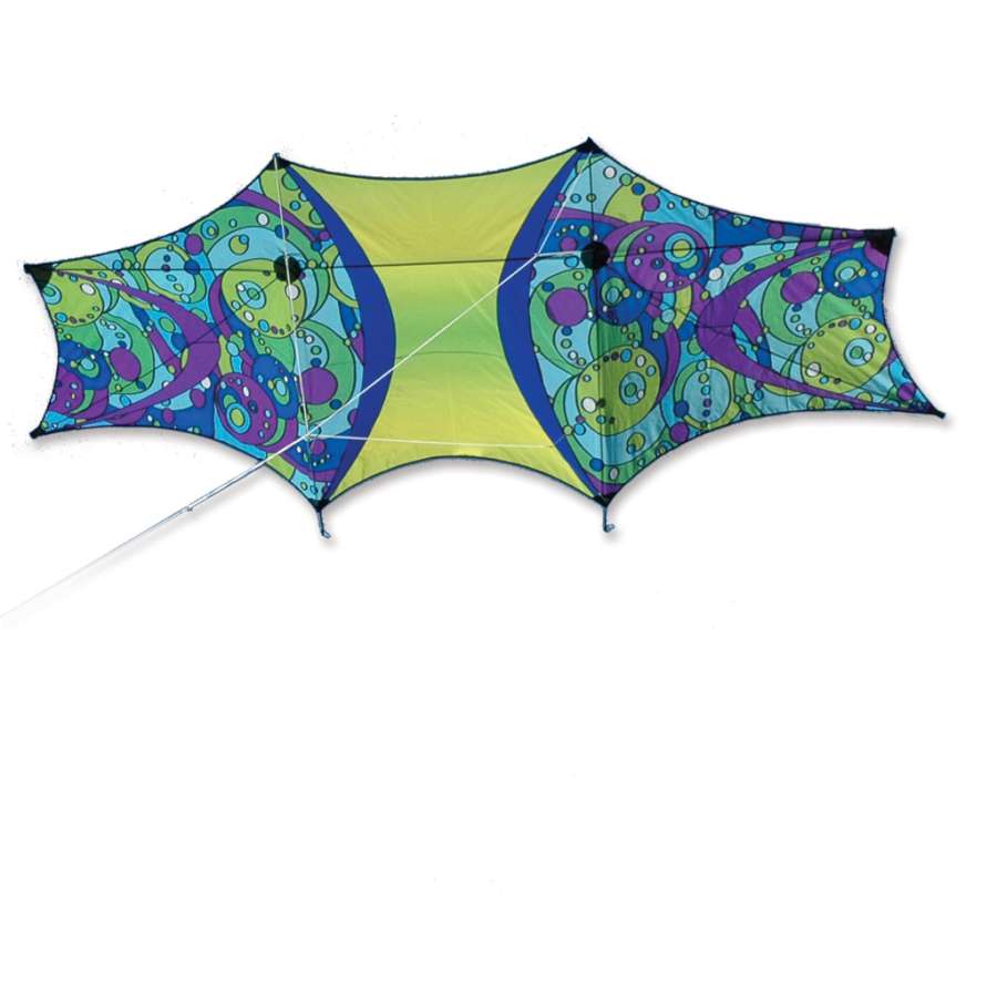 Genki Kite - Cool Orbit measuring 156 x 56 inches, showcasing bright graphics soaring in the sky, made from durable ripstop polyester, designed for light wind conditions.