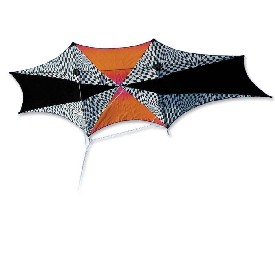 Genki Kite - Orange Op-Art soaring in the sky, showcasing its vibrant design and large size of 156 x 56 inches against a clear blue backdrop.