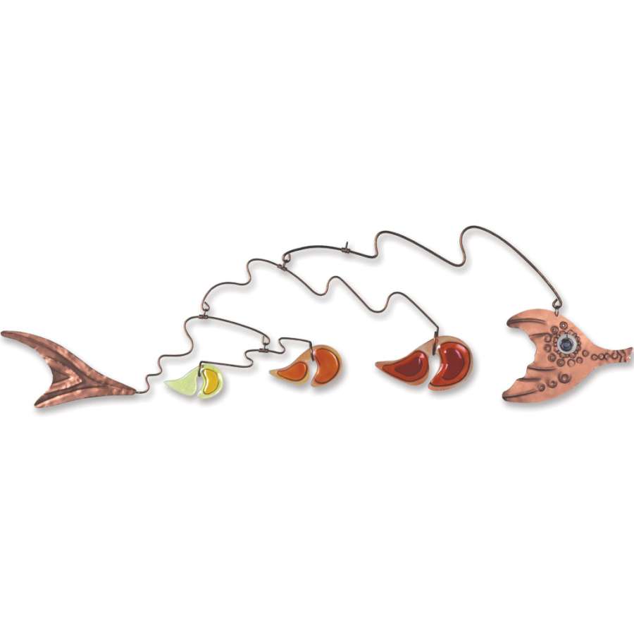 Geo-Kinetic Fish Mobile - Sunset featuring colorful glass and metal elements swaying gently, adding elegance and movement to a room or patio.