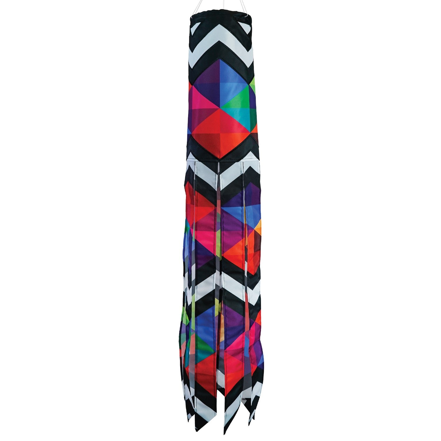 Geometric Black & White 40-inch Illusion Windsock hanging in a garden, featuring embroidered details and stunning printed tails creating a mesmerizing effect.