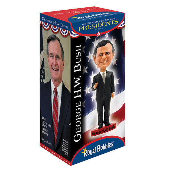 George H.W. Bush Bobblehead standing 8 inches tall with intricate details, hand-painted, and presented in a collector's box.