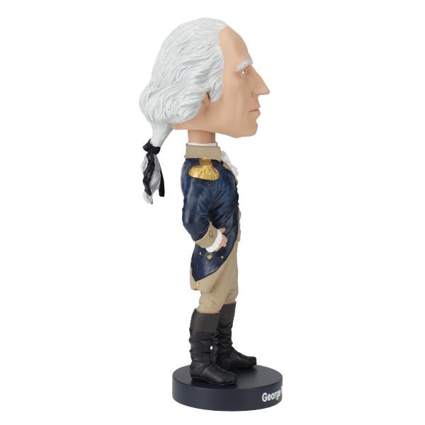 8-inch George Washington bobblehead with detailed military attire and hand-painted features displayed in a colorful collector's box.