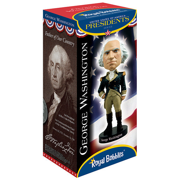 8-inch George Washington bobblehead with detailed military attire and hand-painted features displayed in a colorful collector's box.