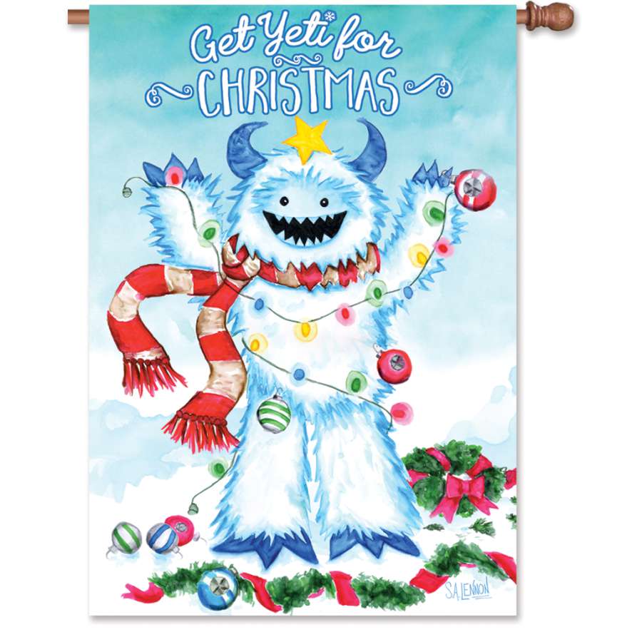 28-inch Get Yeti for Christmas flag made of PremierSoftTM fabric with vibrant yeti design, displayed outdoors during the holiday season.