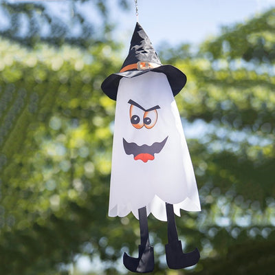 Ghost 3D Cone Windsock with a smiling ghost design and buckled hat, gracefully hanging in the breeze as part of colorful Halloween decorations.