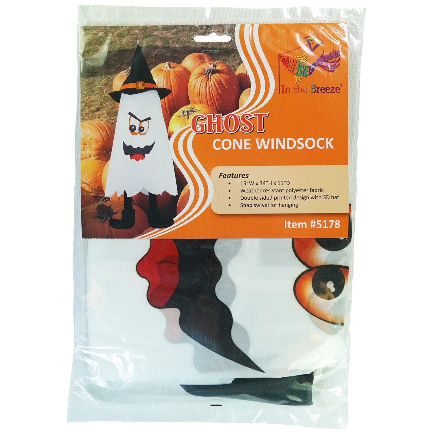Ghost 3D Cone Windsock with a smiling ghost design and buckled hat, gracefully hanging in the breeze as part of colorful Halloween decorations.