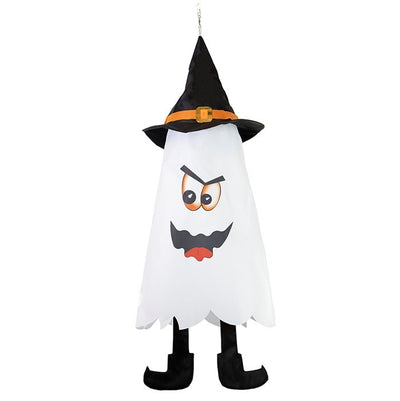 Ghost 3D Cone Windsock with a smiling ghost design and buckled hat, gracefully hanging in the breeze as part of colorful Halloween decorations.