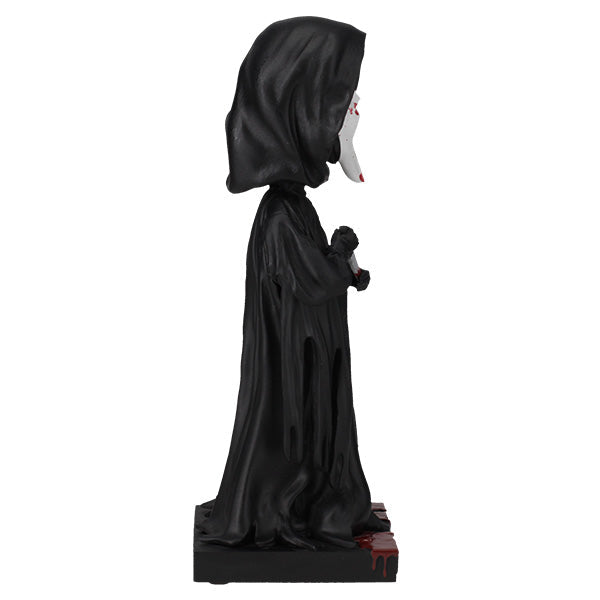 Ghost Face Blood Splatter Bobblehead, 8 inches tall, showcasing a detailed mask with realistic blood splatter effects against a dark backdrop.