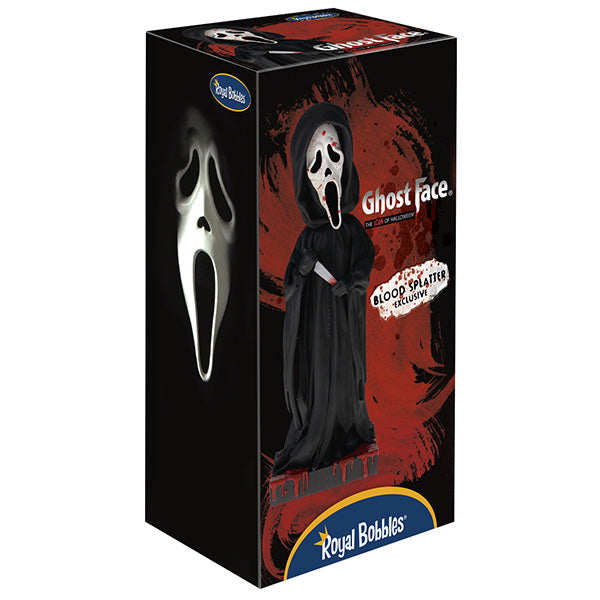 Ghost Face Blood Splatter Bobblehead, 8 inches tall, showcasing a detailed mask with realistic blood splatter effects against a dark backdrop.