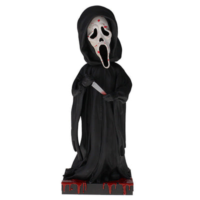 Ghost Face Blood Splatter Bobblehead, 8 inches tall, showcasing a detailed mask with realistic blood splatter effects against a dark backdrop.