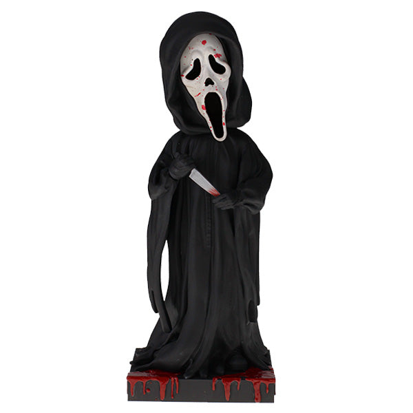 Ghost Face Blood Splatter Bobblehead, 8 inches tall, showcasing a detailed mask with realistic blood splatter effects against a dark backdrop.