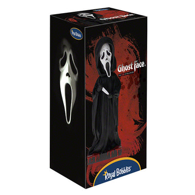 Ghost Face Bobblehead, an 8-inch hand-painted collectible made from polyresin, featuring the iconic mask and robe from the Scream movies.