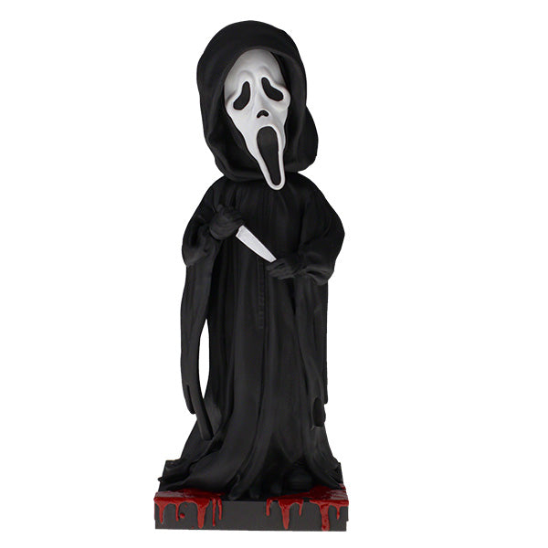 Ghost Face Bobblehead, an 8-inch hand-painted collectible made from polyresin, featuring the iconic mask and robe from the Scream movies.