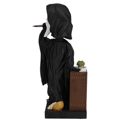 Ghost Face Bobblescape Bobblehead depicting Ghost Face with a bloodied knife, accompanied by a vintage tube TV displaying "Ghost Face Lives" for horror fans.