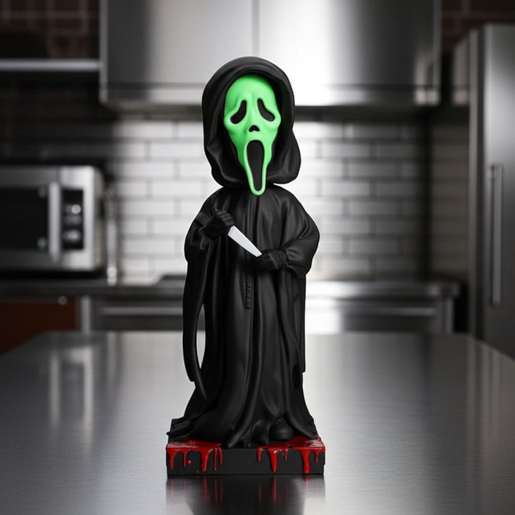 Ghost Face Glow in the Dark Bobblehead featuring the iconic masked character in a detailed design, glowing in a dark setting.