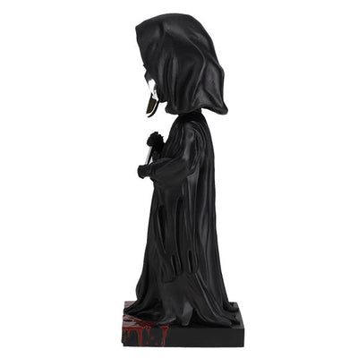 Ghost Face Silver Chrome Mask Bobblehead stands 8 inches tall with a glossy silver finish, showcasing intricate details and features typical of this iconic horror character.