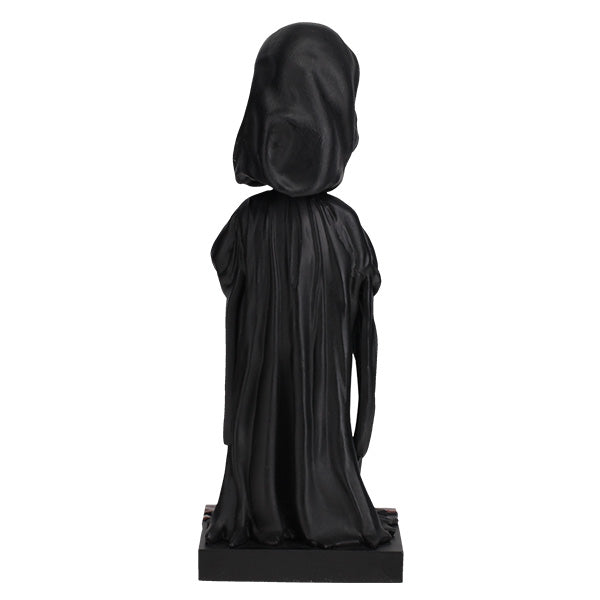Ghost Face Silver Chrome Mask Bobblehead stands 8 inches tall with a glossy silver finish, showcasing intricate details and features typical of this iconic horror character.