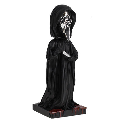 Ghost Face Silver Chrome Mask Bobblehead stands 8 inches tall with a glossy silver finish, showcasing intricate details and features typical of this iconic horror character.