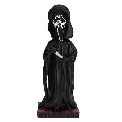 Ghost Face Silver Chrome Mask Bobblehead stands 8 inches tall with a glossy silver finish, showcasing intricate details and features typical of this iconic horror character.