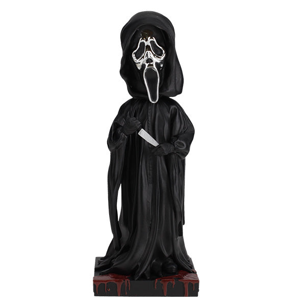 Ghost Face Silver Chrome Mask Bobblehead stands 8 inches tall with a glossy silver finish, showcasing intricate details and features typical of this iconic horror character.