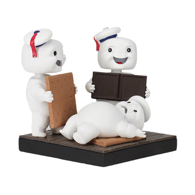 Ghostbusters Afterlife Mini-Pufts S'mores Bobblehead, featuring three adorable Mini-Pufts in dynamic poses holding s'mores, standing 4 inches tall.