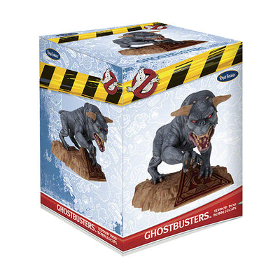 Ghostbusters Afterlife Terror Dog Bobblehead featuring menacing details like red eyes and sharp claws, displayed on a shelf with a colorful collector's box.