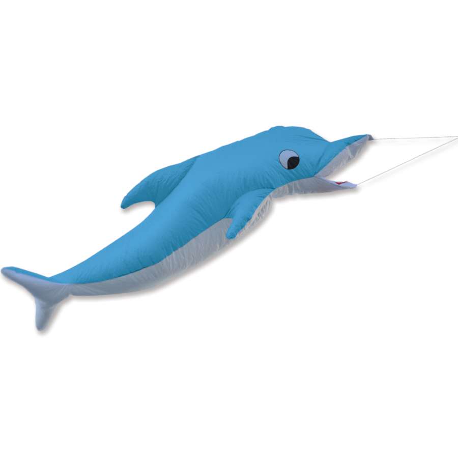 Giant Dolphin line laundry kite soaring with a swimming motion, showcasing its lifelike design against a bright blue sky.