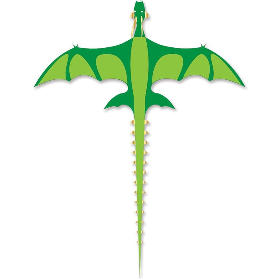 Giant green dragon kite with a 14.5-foot wingspan, open jaw, trailing tail, and carbon tube framing for powerful wind lift and sky dominance.
