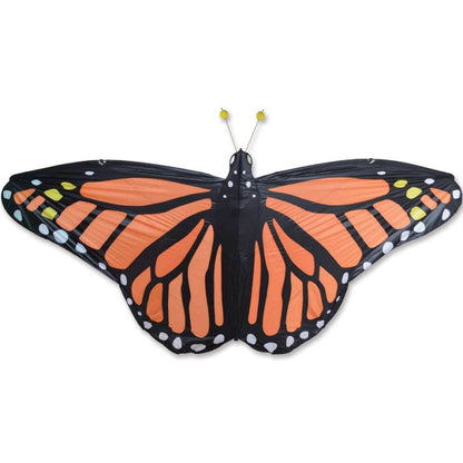 Large orange monarch butterfly kite with realistic appliqué wings, carbon frame, and 10-foot wingspan for artistic flying in light to medium winds.