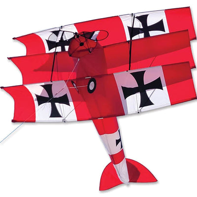 Giant 65 inch Red Baron tri-plane kite with vintage WWI design, spinning propellers, durable frame, and 130 lb. line with storage case included.