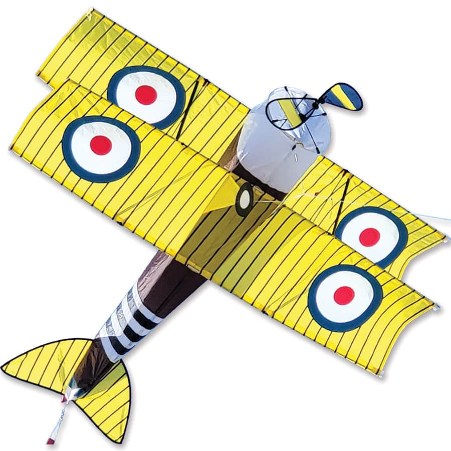 Giant 65 inch Sopwith Camel biplane kite with vintage roundels, spinning propellers, durable frame, and 130 lb. line with storage case included.