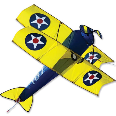 Giant 65 inch Stearman biplane kite with spinning props, ripstop polyester sail, fiberglass frame, and included 130 lb. line and vinyl case.