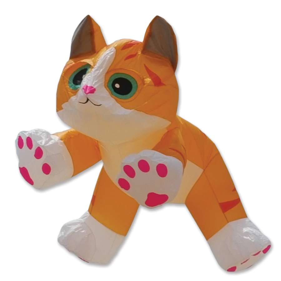 4 ft. Ginger Tabby Kitten Line Device kite soaring through the sky against a clear blue backdrop, showcasing its vibrant colors and playful design.