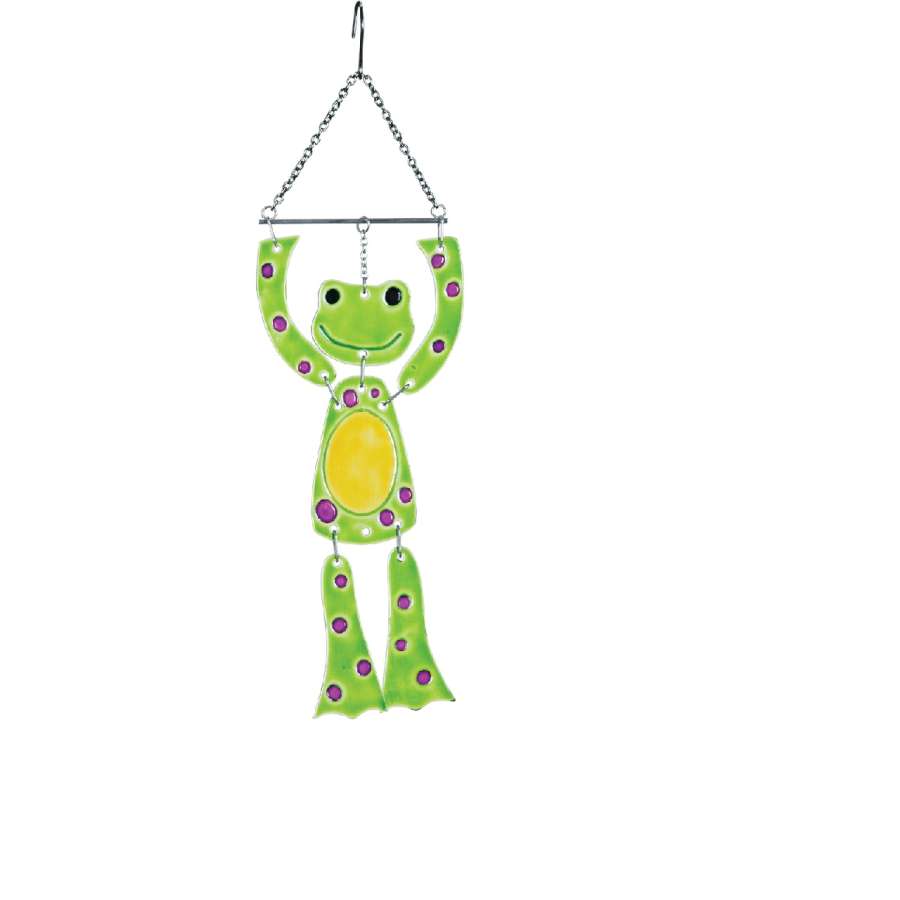 Colorful Glass Critter Frog designed for indoor and outdoor decor, showcasing vibrant hues and playful shapes catching sunlight.