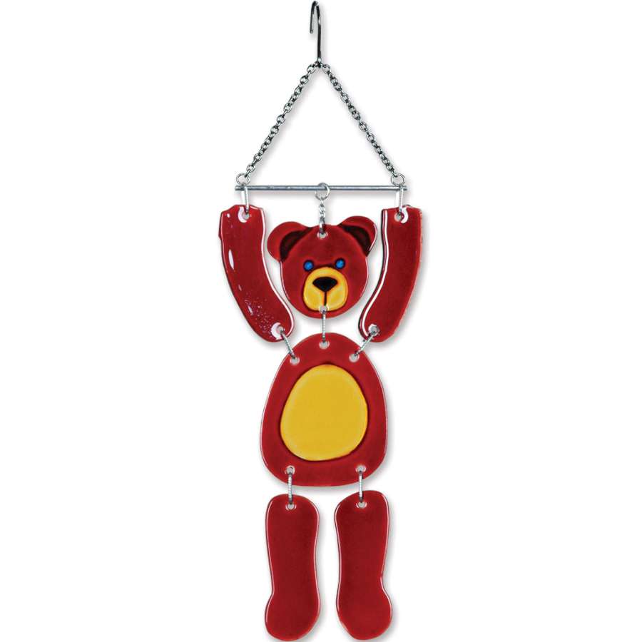 Glass Critter Mobile featuring a charming bear design, elegantly colored glass pieces swaying in the sunlight, enhancing outdoor and indoor spaces.