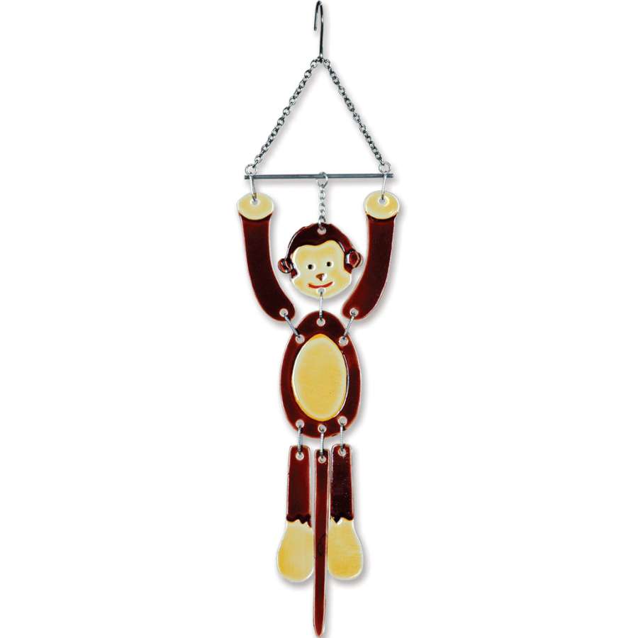 Colorful Glass Critter Mobile featuring a playful monkey design, gracefully hanging in a sunny window, enhancing the ambience of the room.