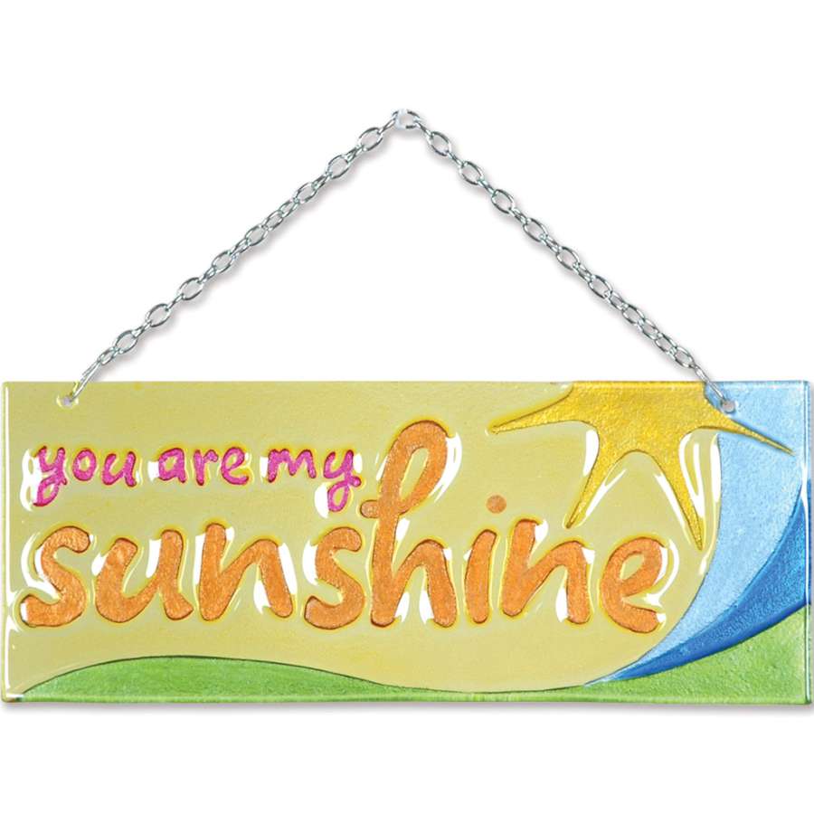My Sunshine Glass Expression 12x12 decor piece featuring vibrant colors, hanging in a sunny window, casting colorful reflections.