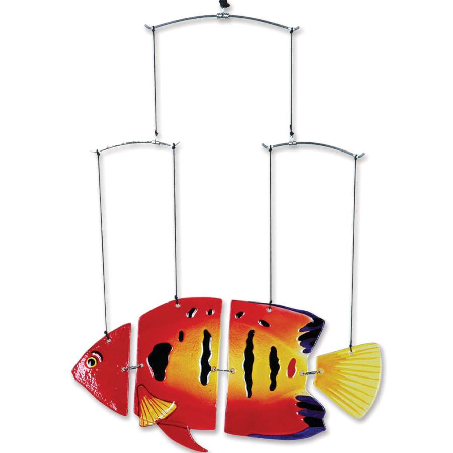 Vibrant Glass Fish Mobile - Flame Fish hanging gracefully, showcasing intricate glass craftsmanship in shades of orange, red, and yellow.