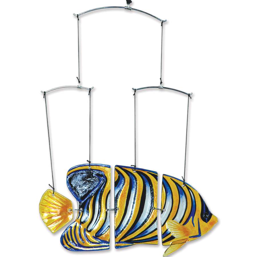 Glass Fish Mobile - Regal Angel showcasing elegant glass fish in vibrant colors, gently swaying in a light breeze near a window display.