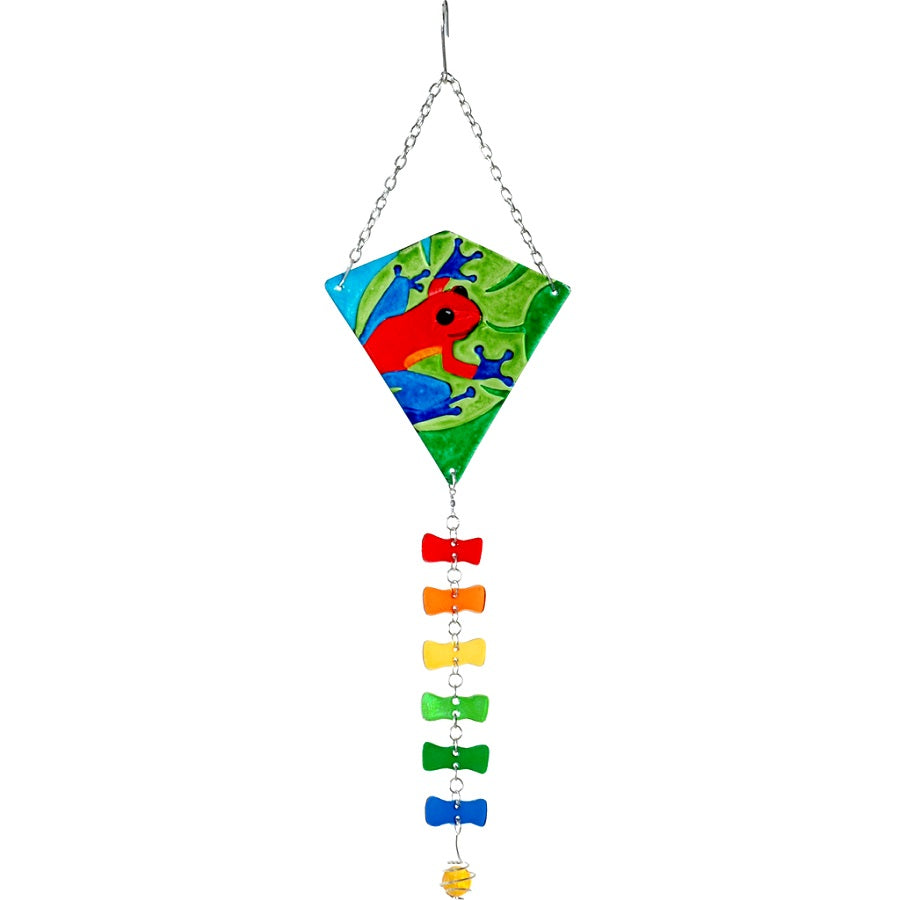 Glass Kite - Poison Frog Diamond featuring vibrant colors and intricate design hanging in a garden setting, showcasing its decorative appeal.