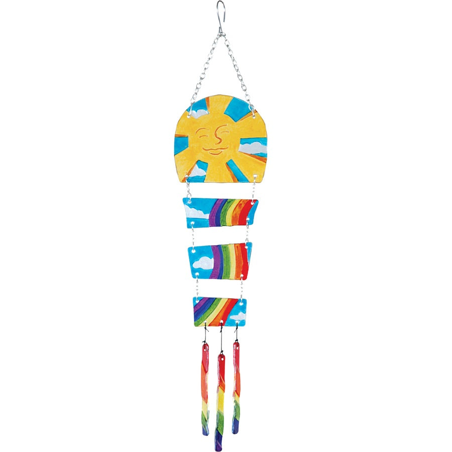 Colorful Sun & Rainbow Dragon glass kite, elegantly hanging in a garden, reflecting sunlight and creating vibrant patterns.