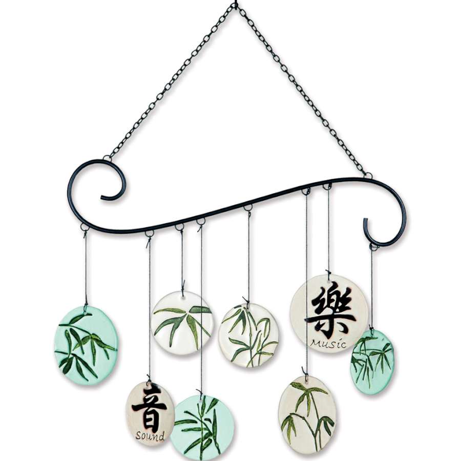 Beautiful Glass Scroll Mobile - Sound of Music featuring colorful glass shapes reflecting light, hanging in an outdoor garden setting.