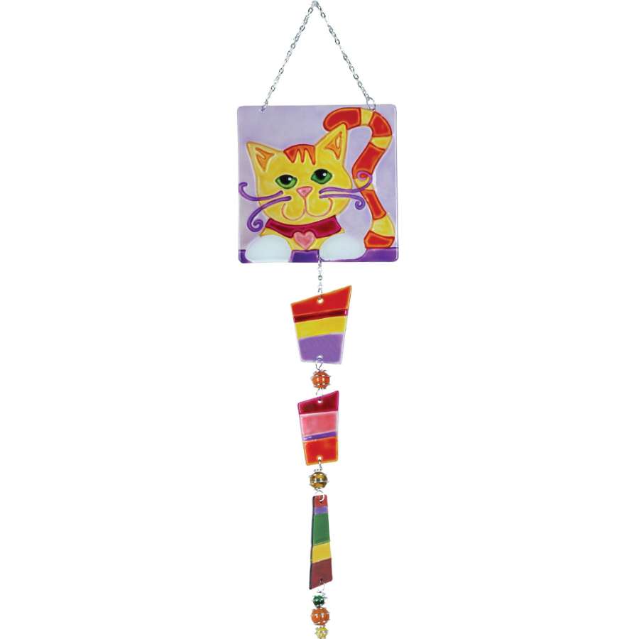 Colorful Glass Sun Catcher - Kitty with a hand-painted cat design hanging in a sunlit window, casting colorful reflections.