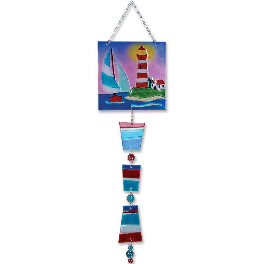 Glass Sun Catcher featuring a colorful lighthouse design against a sunny window, casting colorful light patterns.