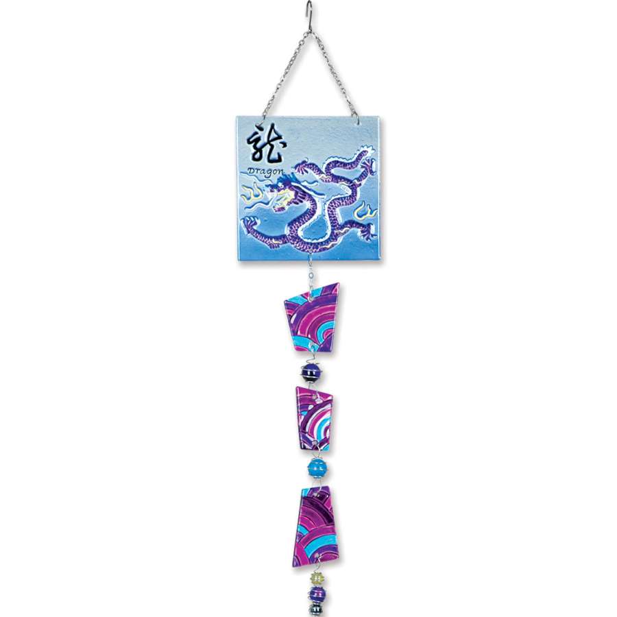 Beautiful Glass Sun Catcher Mobile featuring a colorful dragon design, hanging in a sunny window to catch light and create reflections.