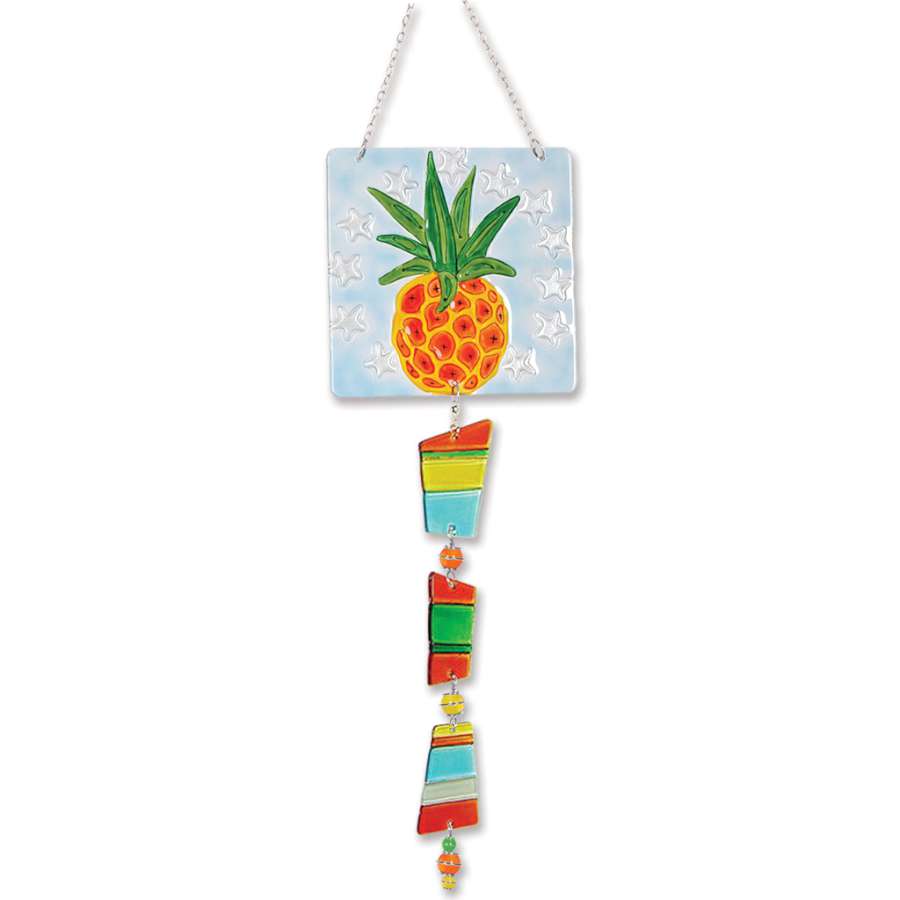 Colorful Glass Sun Catcher Mobile featuring a hand-painted pineapple design hanging in a sunny window.
