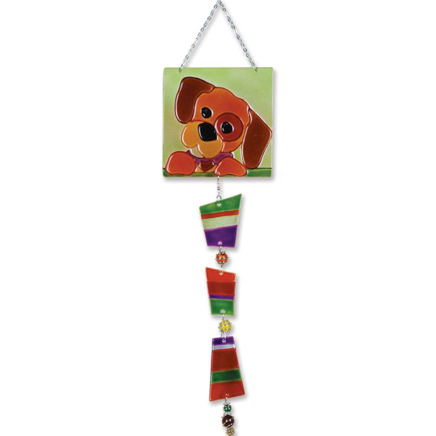 Glass Sun Catcher Mobile featuring a colorful puppy design, displayed in a sunny window, creating a luminous effect in a cozy home.