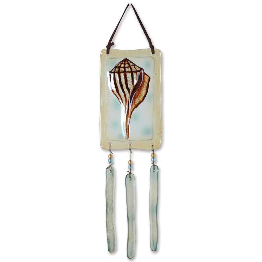 Glass Terra Wind Chime - Whelk in iridescent colors hanging from a natural leather strap, swaying gently in an outdoor garden setting.